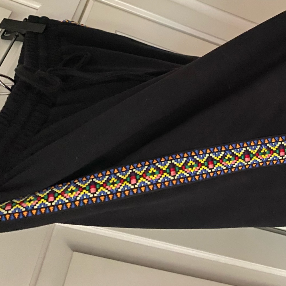 Black wide leg sweatpants embellished panel elastic waist drawstring size 6 - Picture 4 of 6